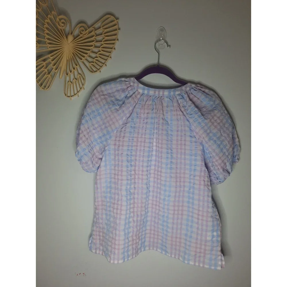 LOFT Gingham Puff Sleeve Blouse Blue Purple Pastel Plaid Top NWT Size M